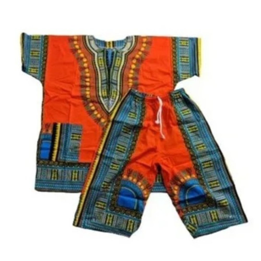Unisex‎ One Size African Dashiki Shirt & Pants 2pc. Set Orange and Blue